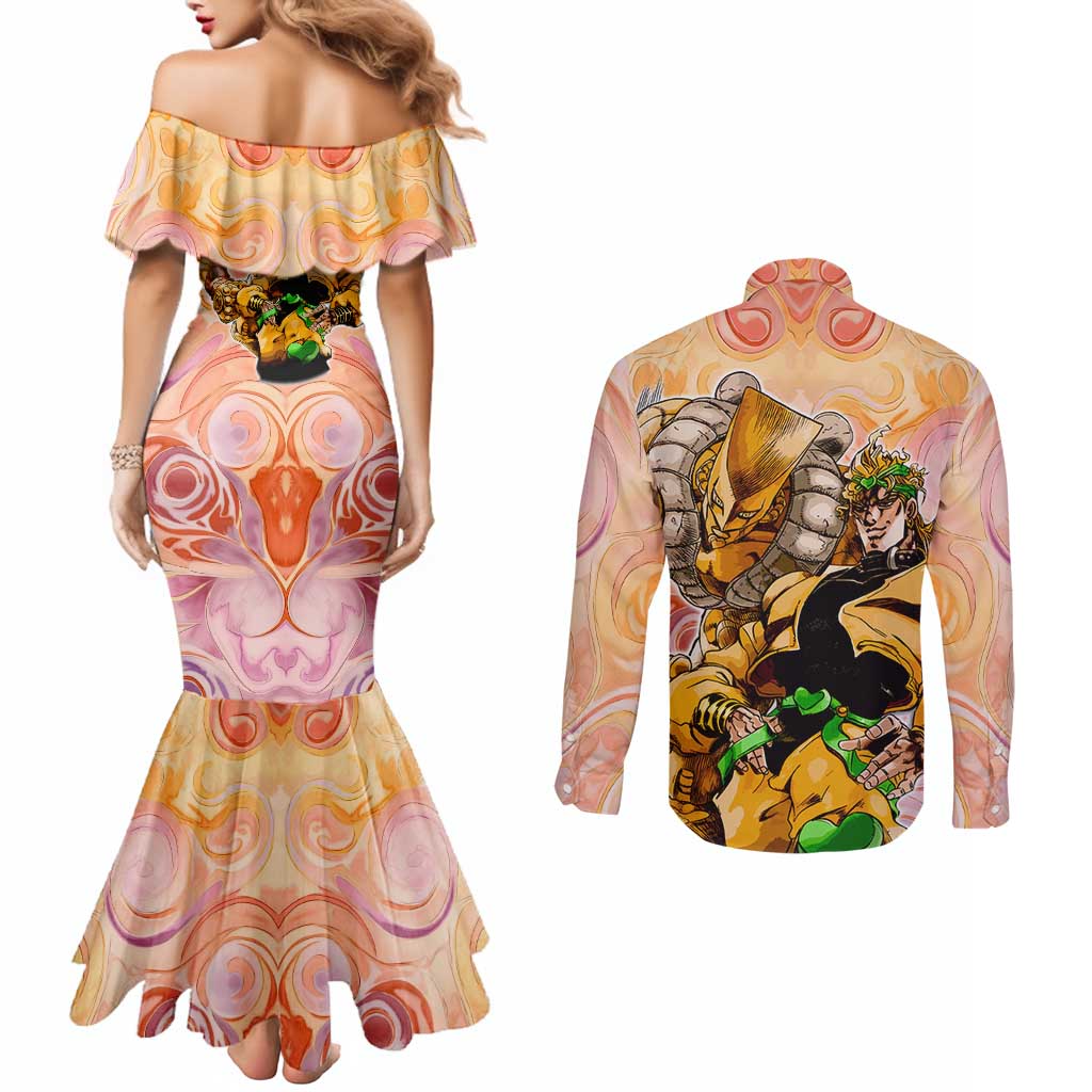 Trippy Dio V2 Jojo’s Bizarre Adventure Couples Matching Mermaid Dress and Long Sleeve Button Shirt Trippy Mix Anime Style - The Mazicc