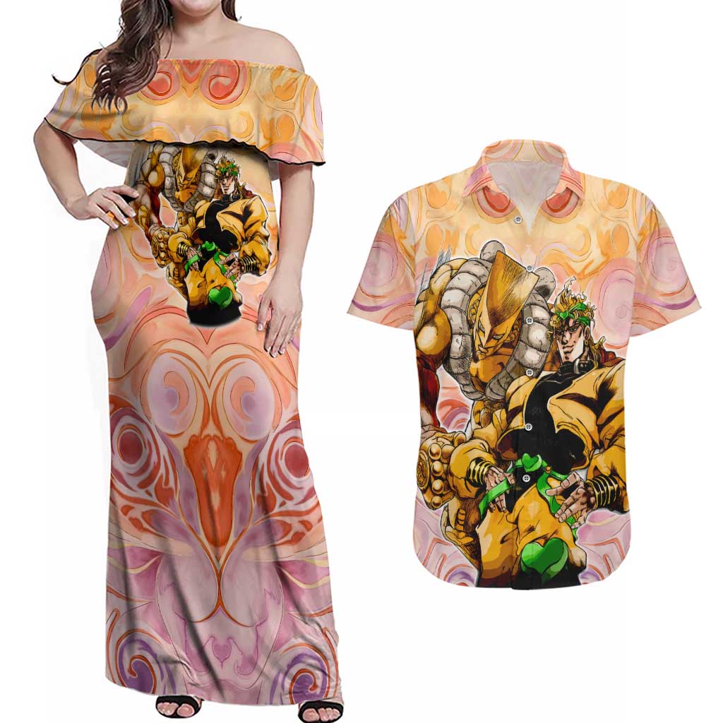 Trippy Dio V2 Jojo’s Bizarre Adventure Couples Matching Off Shoulder Maxi Dress and Hawaiian Shirt Trippy Mix Anime Style - The Mazicc