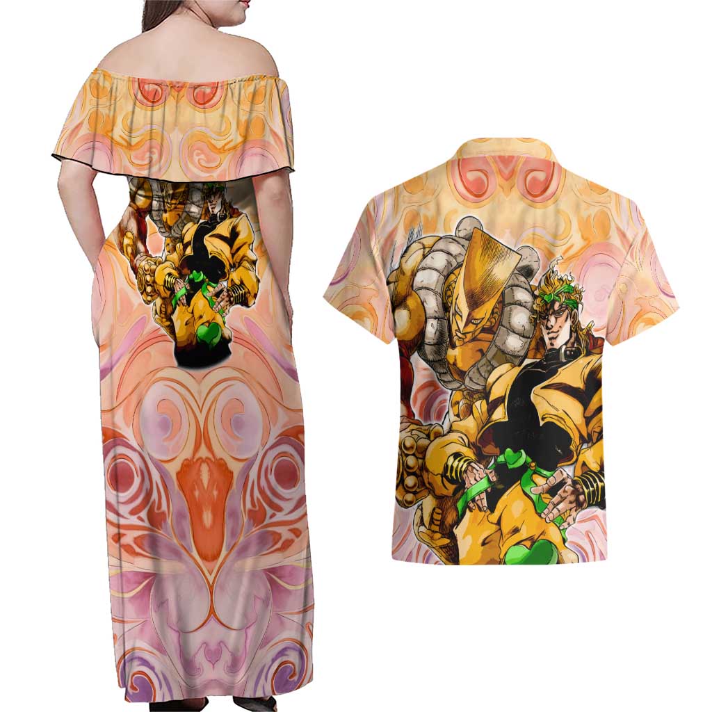 Trippy Dio V2 Jojo’s Bizarre Adventure Couples Matching Off Shoulder Maxi Dress and Hawaiian Shirt Trippy Mix Anime Style - The Mazicc