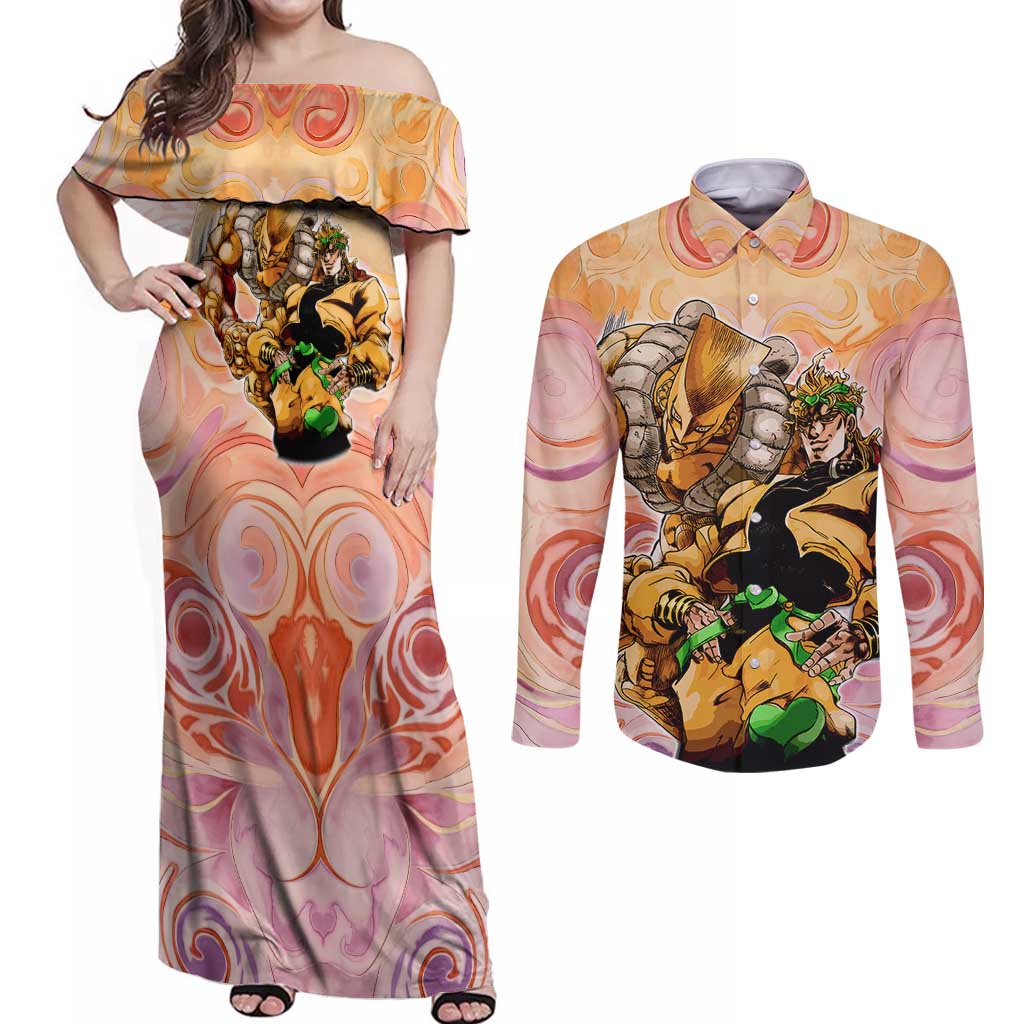 Trippy Dio V2 Jojo’s Bizarre Adventure Couples Matching Off Shoulder Maxi Dress and Long Sleeve Button Shirt Trippy Mix Anime Style - The Mazicc