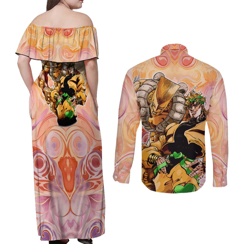 Trippy Dio V2 Jojo’s Bizarre Adventure Couples Matching Off Shoulder Maxi Dress and Long Sleeve Button Shirt Trippy Mix Anime Style - The Mazicc
