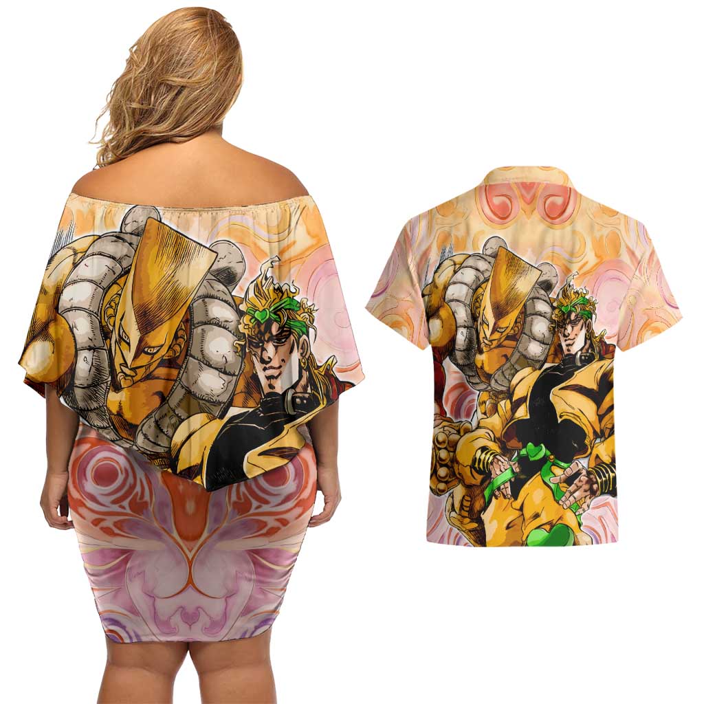Trippy Dio V2 Jojo’s Bizarre Adventure Couples Matching Off Shoulder Short Dress and Hawaiian Shirt Trippy Mix Anime Style - The Mazicc