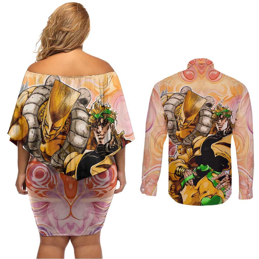 Trippy Dio V2 Jojo’s Bizarre Adventure Couples Matching Off Shoulder Short Dress and Long Sleeve Button Shirt Trippy Mix Anime Style - The Mazicc