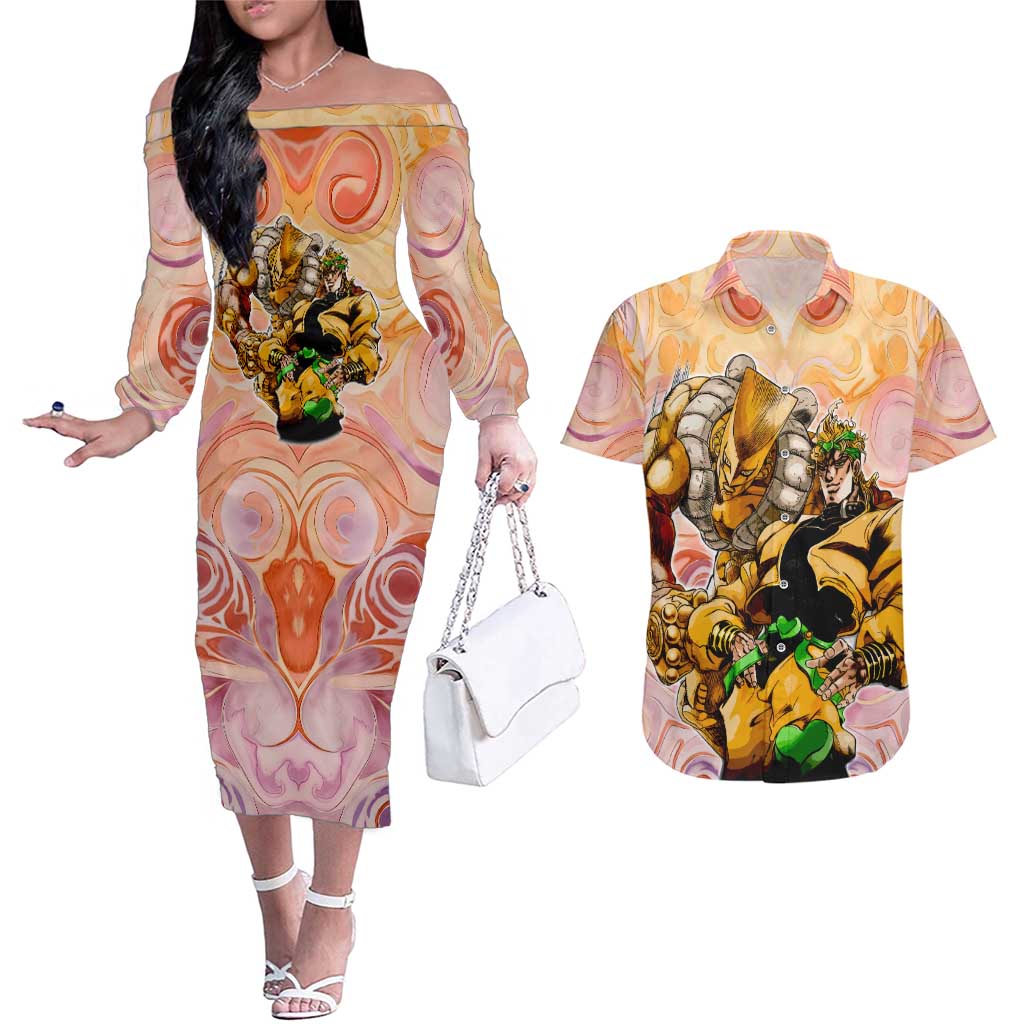 Trippy Dio V2 Jojo’s Bizarre Adventure Couples Matching Off The Shoulder Long Sleeve Dress and Hawaiian Shirt Trippy Mix Anime Style - The Mazicc