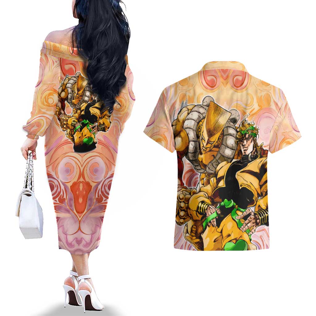Trippy Dio V2 Jojo’s Bizarre Adventure Couples Matching Off The Shoulder Long Sleeve Dress and Hawaiian Shirt Trippy Mix Anime Style - The Mazicc