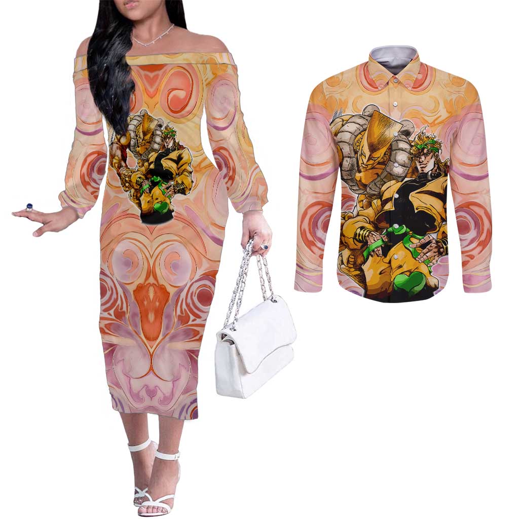 Trippy Dio V2 Jojo’s Bizarre Adventure Couples Matching Off The Shoulder Long Sleeve Dress and Long Sleeve Button Shirt Trippy Mix Anime Style - The Mazicc