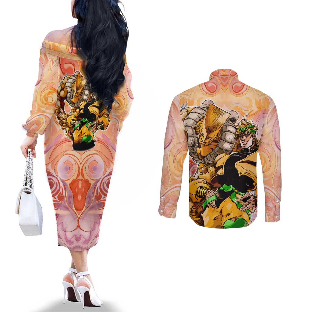 Trippy Dio V2 Jojo’s Bizarre Adventure Couples Matching Off The Shoulder Long Sleeve Dress and Long Sleeve Button Shirt Trippy Mix Anime Style - The Mazicc