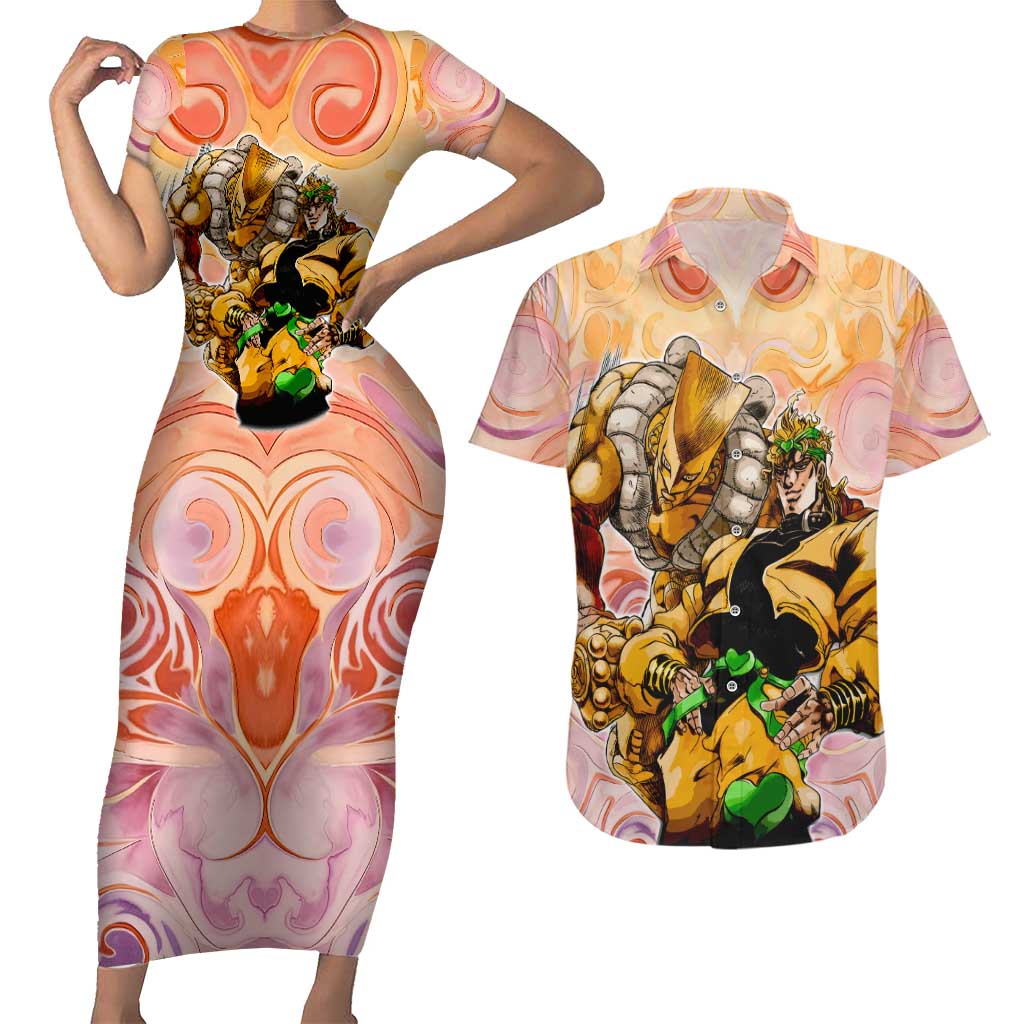 Trippy Dio V2 Jojo’s Bizarre Adventure Couples Matching Short Sleeve Bodycon Dress and Hawaiian Shirt Trippy Mix Anime Style - The Mazicc