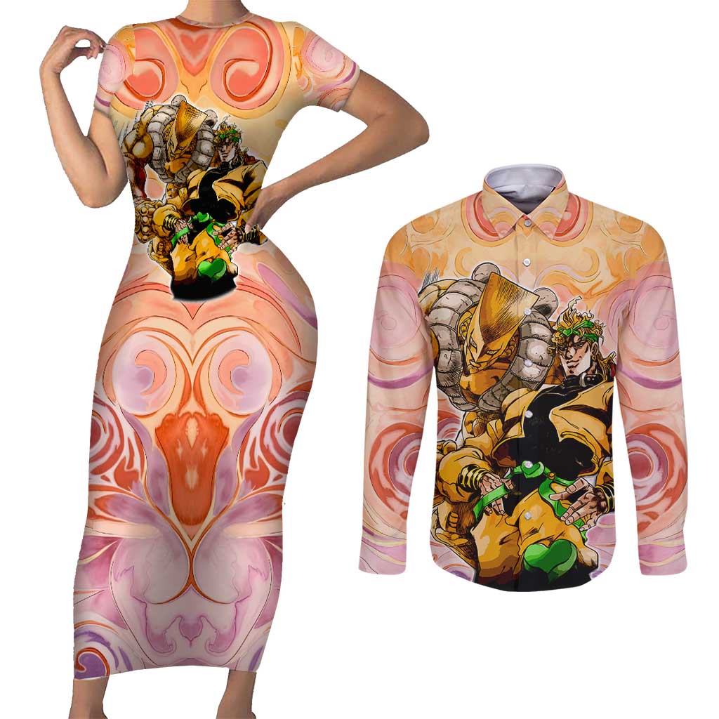 Trippy Dio V2 Jojo’s Bizarre Adventure Couples Matching Short Sleeve Bodycon Dress and Long Sleeve Button Shirt Trippy Mix Anime Style - The Mazicc