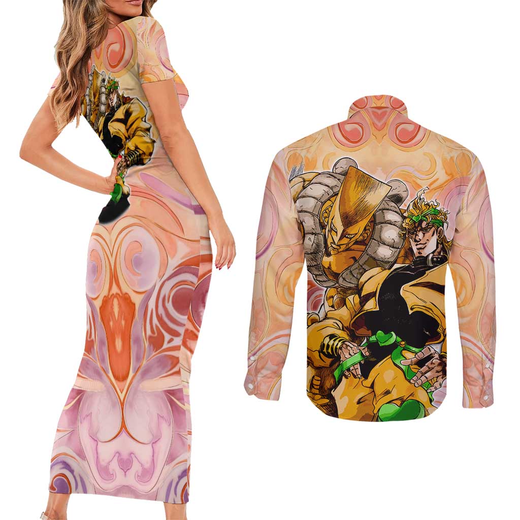 Trippy Dio V2 Jojo’s Bizarre Adventure Couples Matching Short Sleeve Bodycon Dress and Long Sleeve Button Shirt Trippy Mix Anime Style - The Mazicc