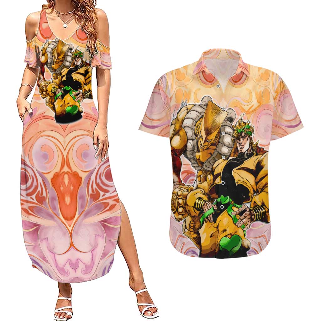 Trippy Dio V2 Jojo’s Bizarre Adventure Couples Matching Summer Maxi Dress and Hawaiian Shirt Trippy Mix Anime Style - The Mazicc