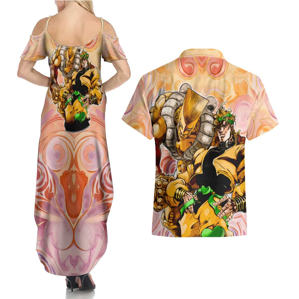 Trippy Dio V2 Jojo’s Bizarre Adventure Couples Matching Summer Maxi Dress and Hawaiian Shirt Trippy Mix Anime Style - The Mazicc