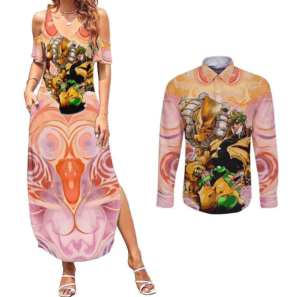Trippy Dio V2 Jojo’s Bizarre Adventure Couples Matching Summer Maxi Dress and Long Sleeve Button Shirt Trippy Mix Anime Style - The Mazicc