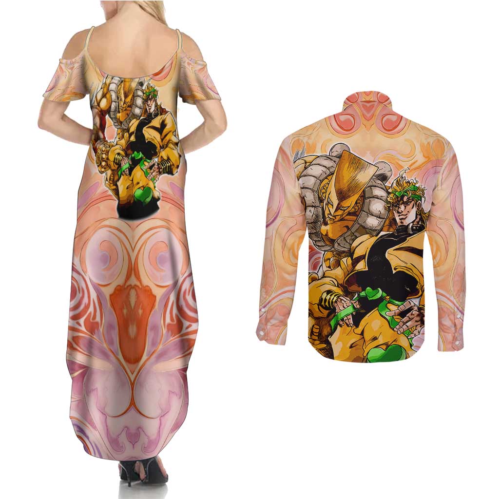 Trippy Dio V2 Jojo’s Bizarre Adventure Couples Matching Summer Maxi Dress and Long Sleeve Button Shirt Trippy Mix Anime Style - The Mazicc