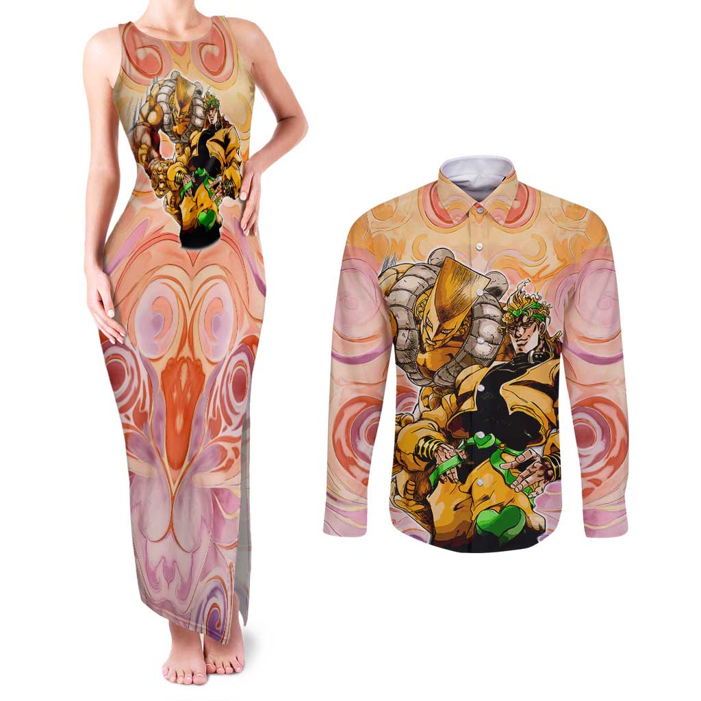 Trippy Dio V2 Jojo’s Bizarre Adventure Couples Matching Tank Maxi Dress and Long Sleeve Button Shirt Trippy Mix Anime Style - The Mazicc