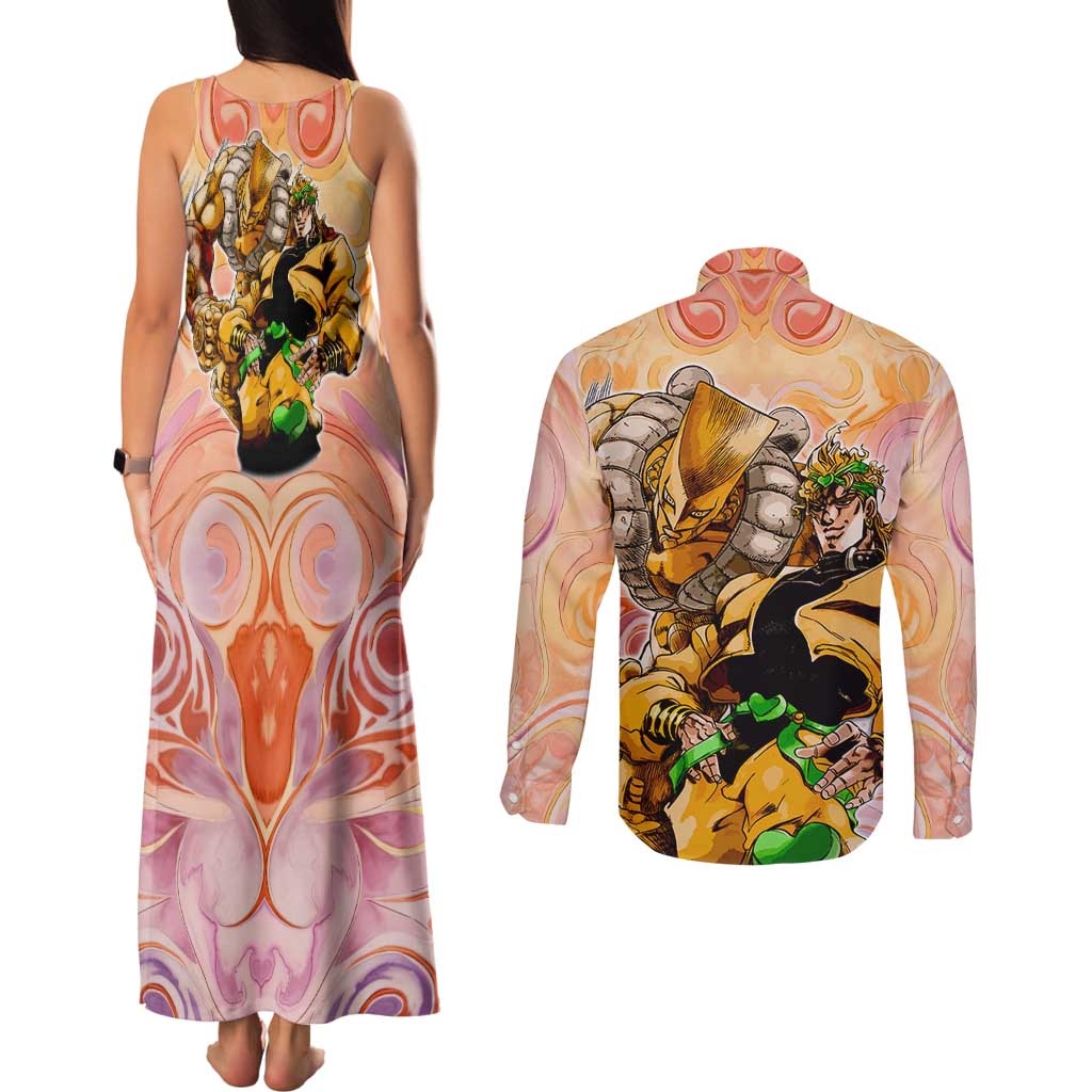 Trippy Dio V2 Jojo’s Bizarre Adventure Couples Matching Tank Maxi Dress and Long Sleeve Button Shirt Trippy Mix Anime Style - The Mazicc