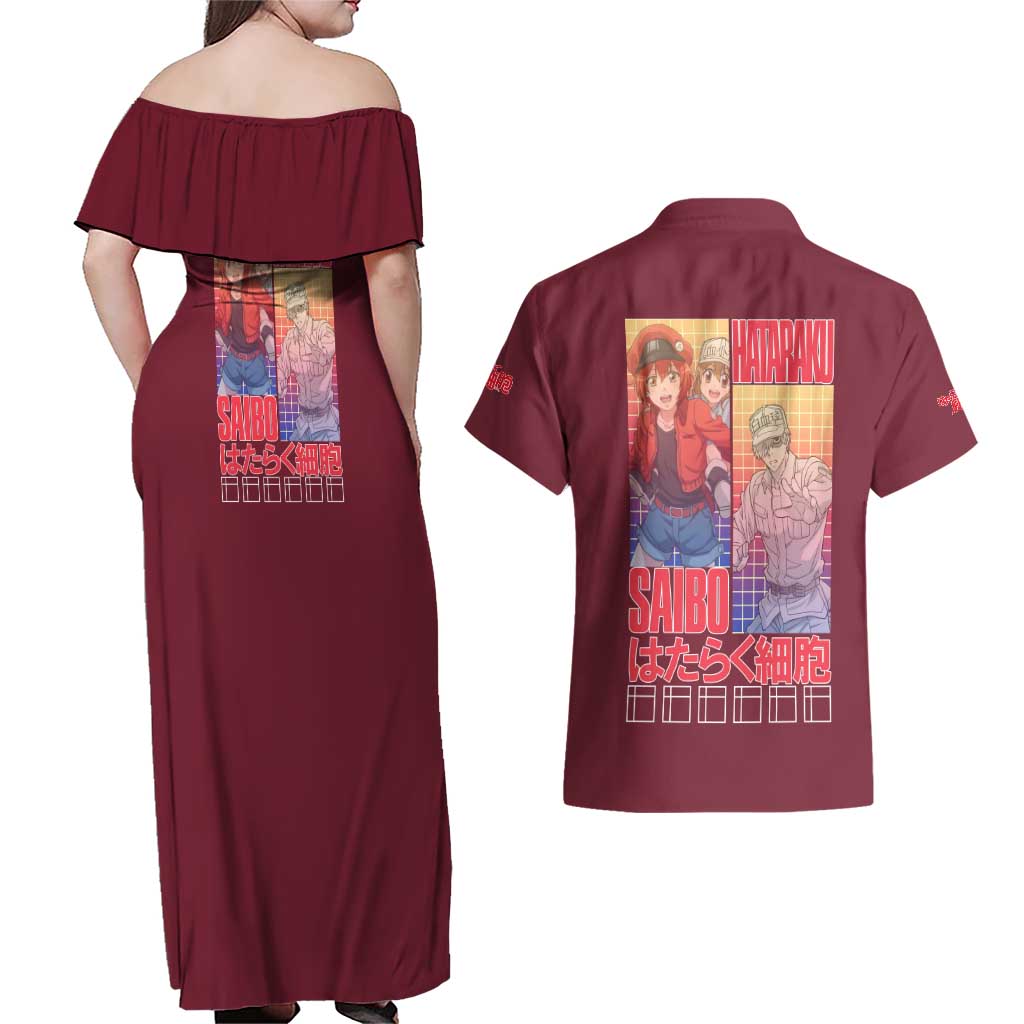 Cells at Work Couples Matching Off Shoulder Maxi Dress and Hawaiian Shirt Japan Anime Style - The Mazicc