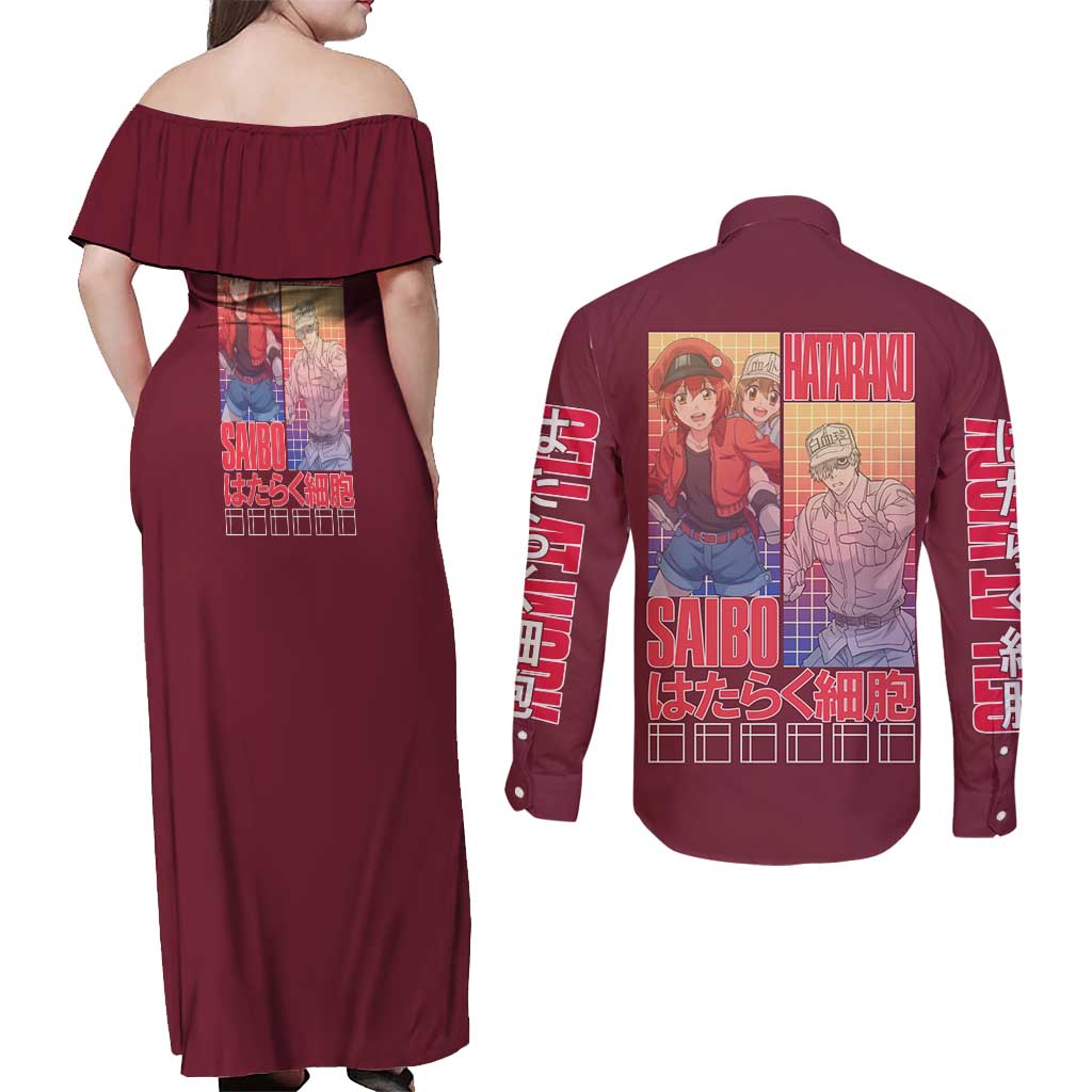 Cells at Work Couples Matching Off Shoulder Maxi Dress and Long Sleeve Button Shirt Japan Anime Style - The Mazicc