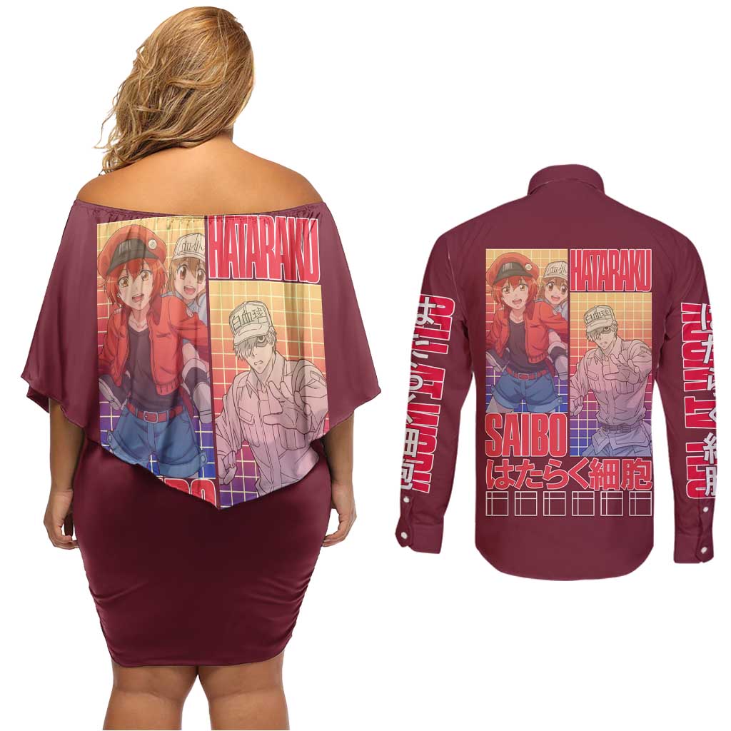 Cells at Work Couples Matching Off Shoulder Short Dress and Long Sleeve Button Shirt Japan Anime Style - The Mazicc