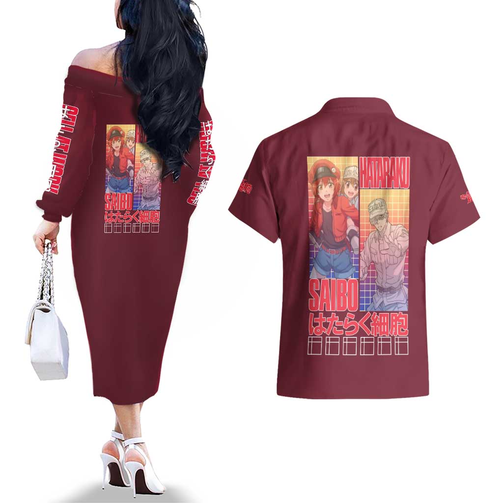 Cells at Work Couples Matching Off The Shoulder Long Sleeve Dress and Hawaiian Shirt Japan Anime Style - The Mazicc
