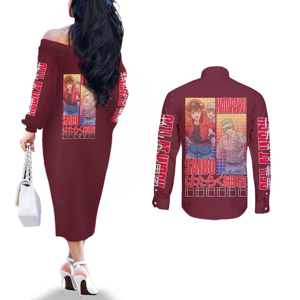 Cells at Work Couples Matching Off The Shoulder Long Sleeve Dress and Long Sleeve Button Shirt Japan Anime Style - The Mazicc