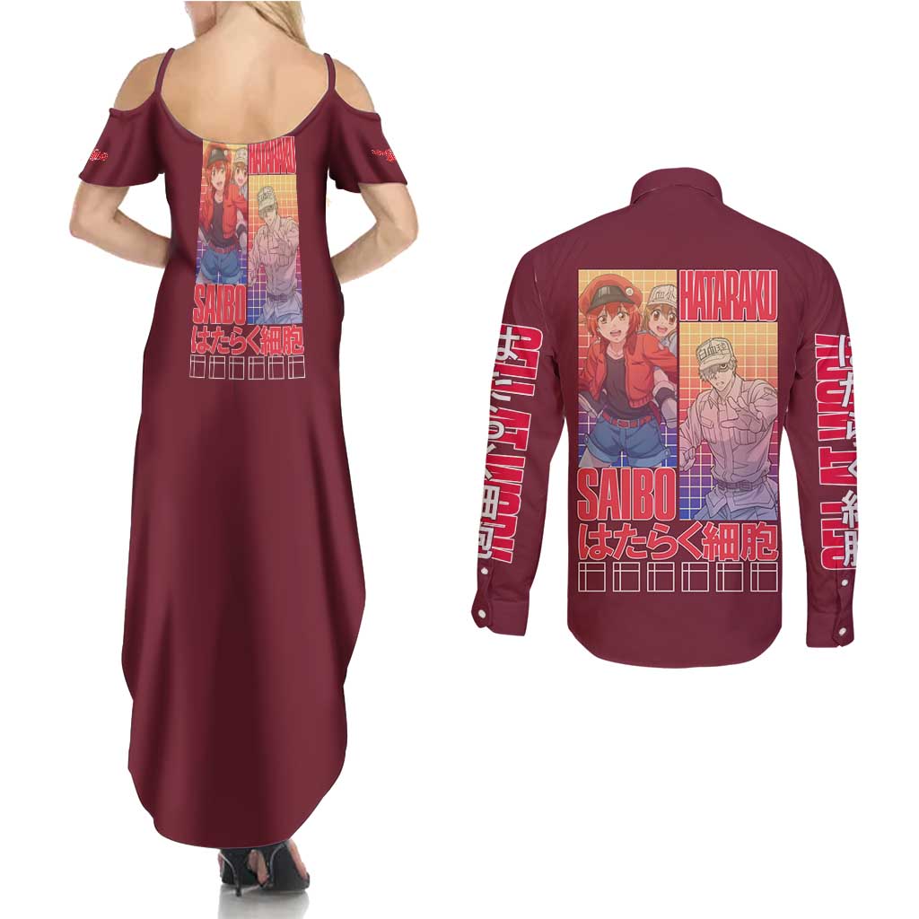 Cells at Work Couples Matching Summer Maxi Dress and Long Sleeve Button Shirt Japan Anime Style - The Mazicc