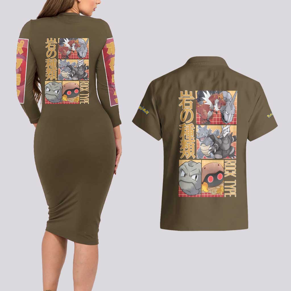 Rock Type Poke Couples Matching Long Sleeve Bodycon Dress and Hawaiian Shirt Japan Anime Style - The Mazicc
