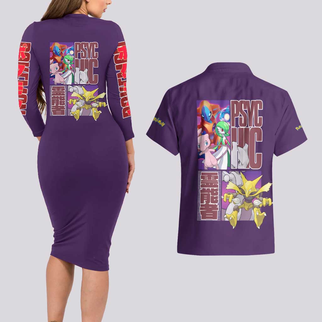 Psychic Type Poke Couples Matching Long Sleeve Bodycon Dress and Hawaiian Shirt Japan Anime Style - The Mazicc
