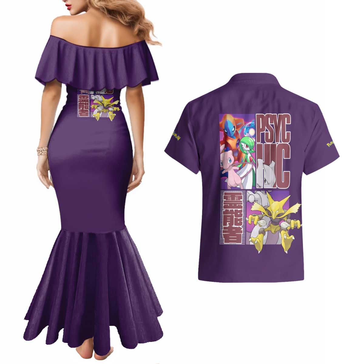 Psychic Type Poke Couples Matching Mermaid Dress and Hawaiian Shirt Japan Anime Style - The Mazicc