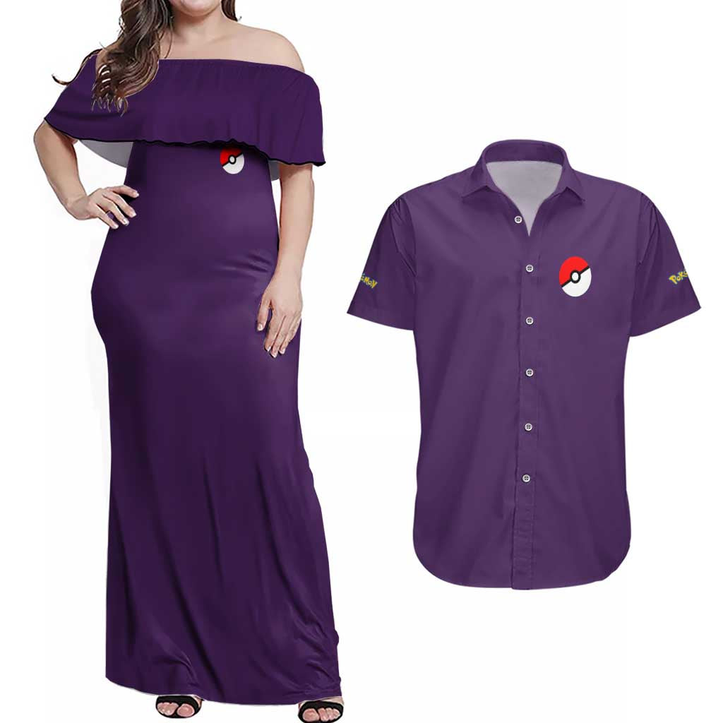 Psychic Type Poke Couples Matching Off Shoulder Maxi Dress and Hawaiian Shirt Japan Anime Style - The Mazicc