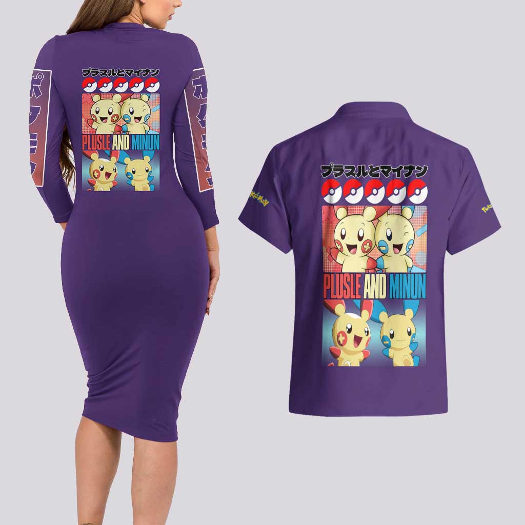 Plusle and Minun Poke Couples Matching Long Sleeve Bodycon Dress and Hawaiian Shirt Japan Anime Style - The Mazicc