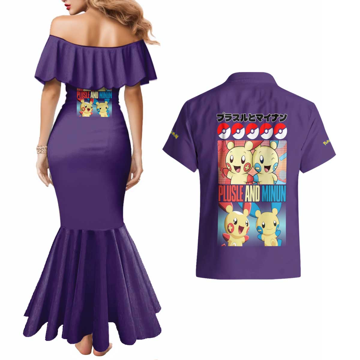 Plusle and Minun Poke Couples Matching Mermaid Dress and Hawaiian Shirt Japan Anime Style - The Mazicc