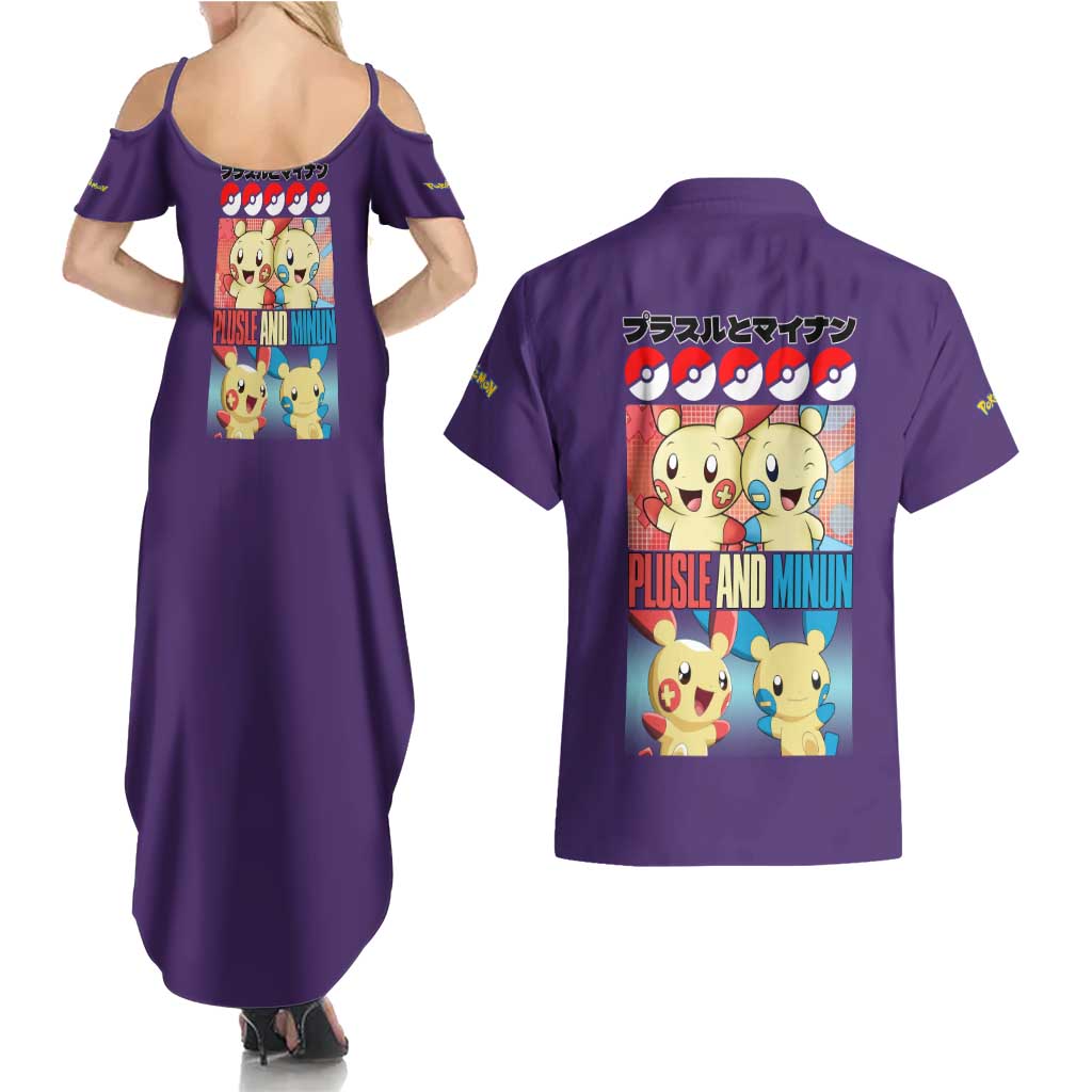 Plusle and Minun Poke Couples Matching Summer Maxi Dress and Hawaiian Shirt Japan Anime Style - The Mazicc