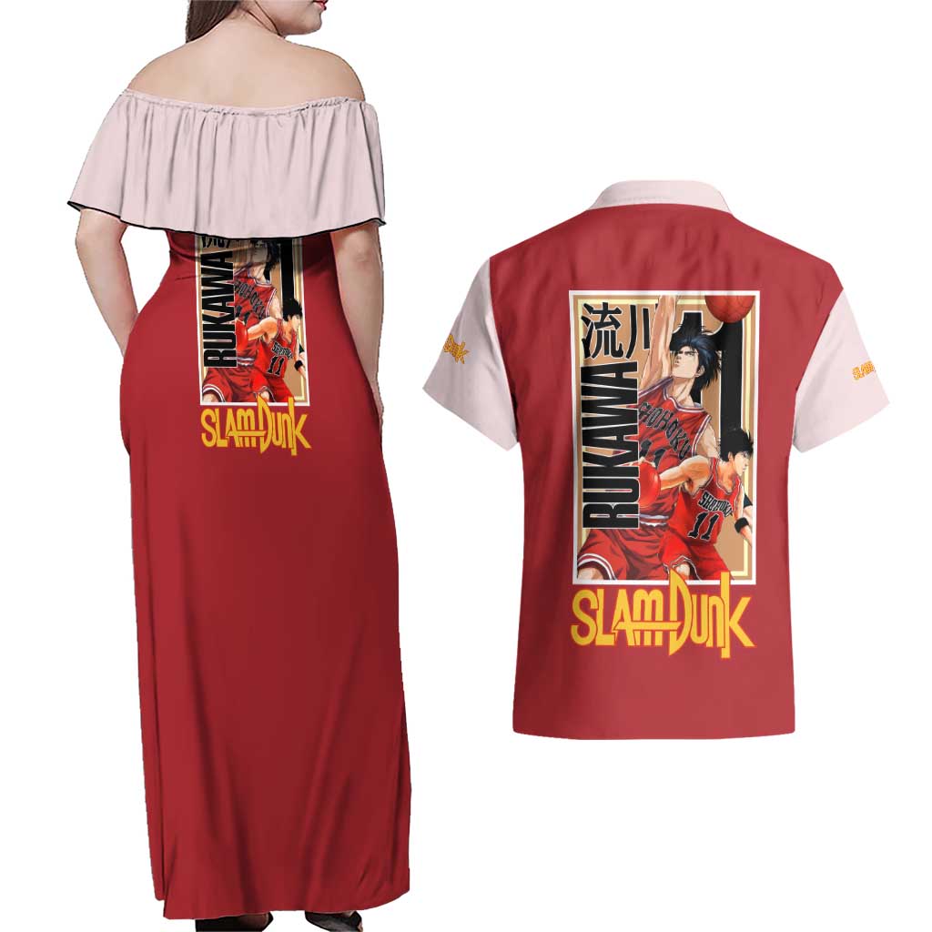 Kaede Rukawa Slam Dunk Couples Matching Off Shoulder Maxi Dress and Hawaiian Shirt Japan Anime Style - The Mazicc