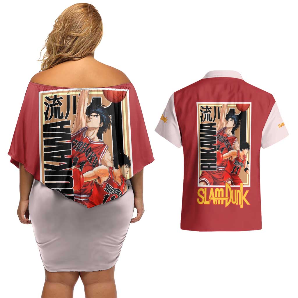 Kaede Rukawa Slam Dunk Couples Matching Off Shoulder Short Dress and Hawaiian Shirt Japan Anime Style - The Mazicc