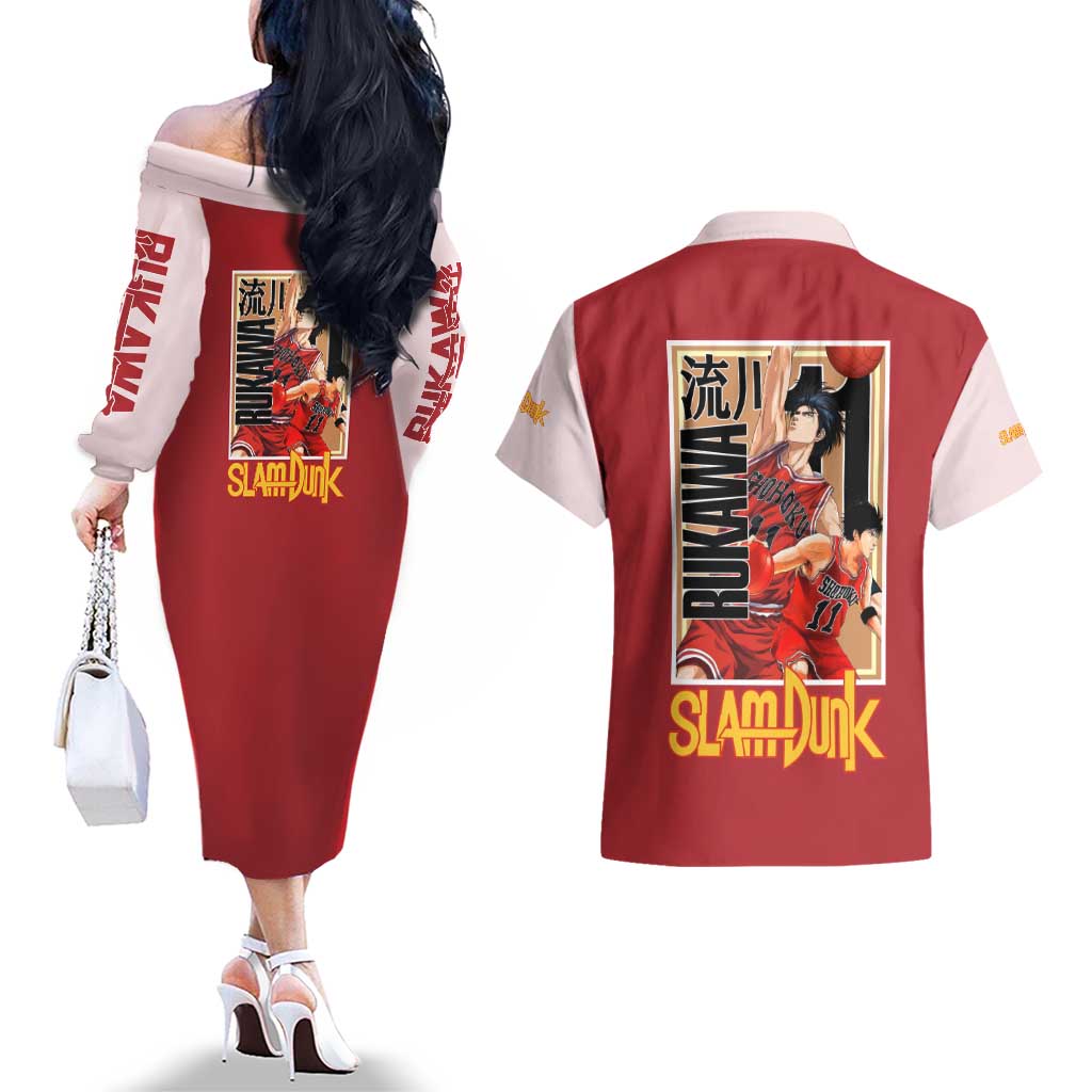 Kaede Rukawa Slam Dunk Couples Matching Off The Shoulder Long Sleeve Dress and Hawaiian Shirt Japan Anime Style - The Mazicc