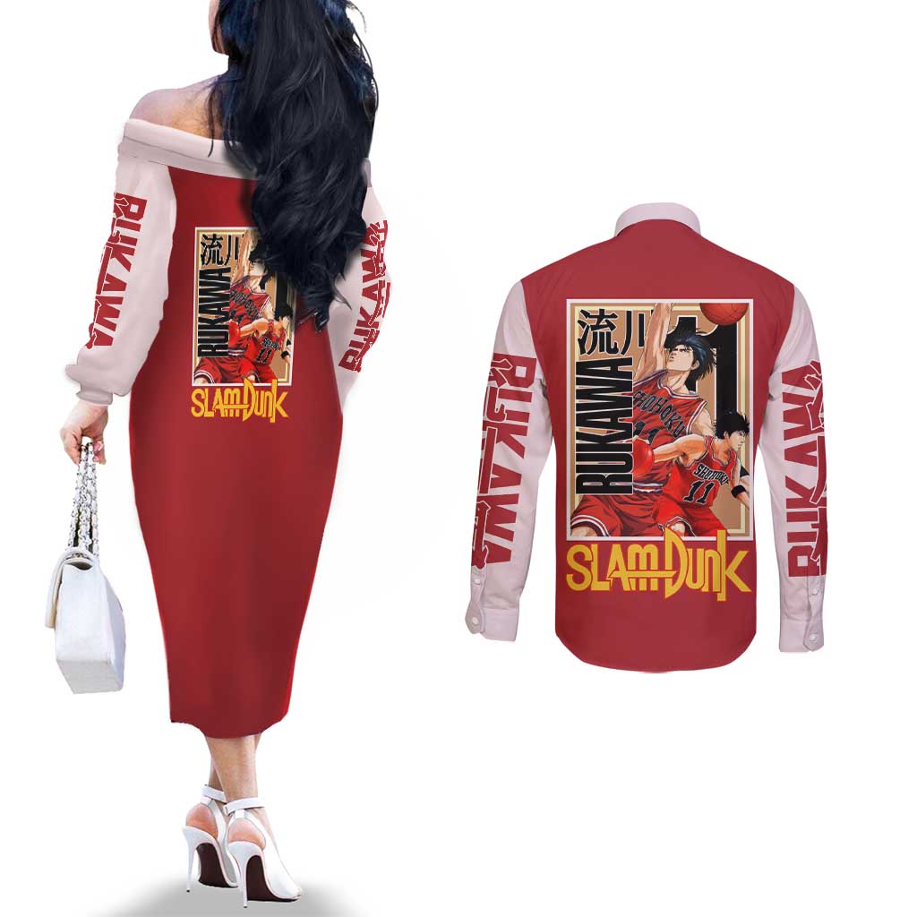 Kaede Rukawa Slam Dunk Couples Matching Off The Shoulder Long Sleeve Dress and Long Sleeve Button Shirt Japan Anime Style - The Mazicc