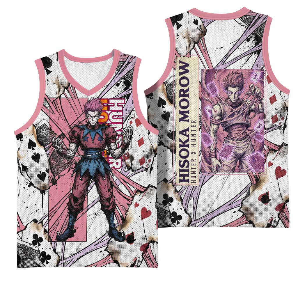 Hisoka Morow Playing Card Theme Basketball Jersey with Magic Aura and Artistic Anime Illustration - The Mazicc