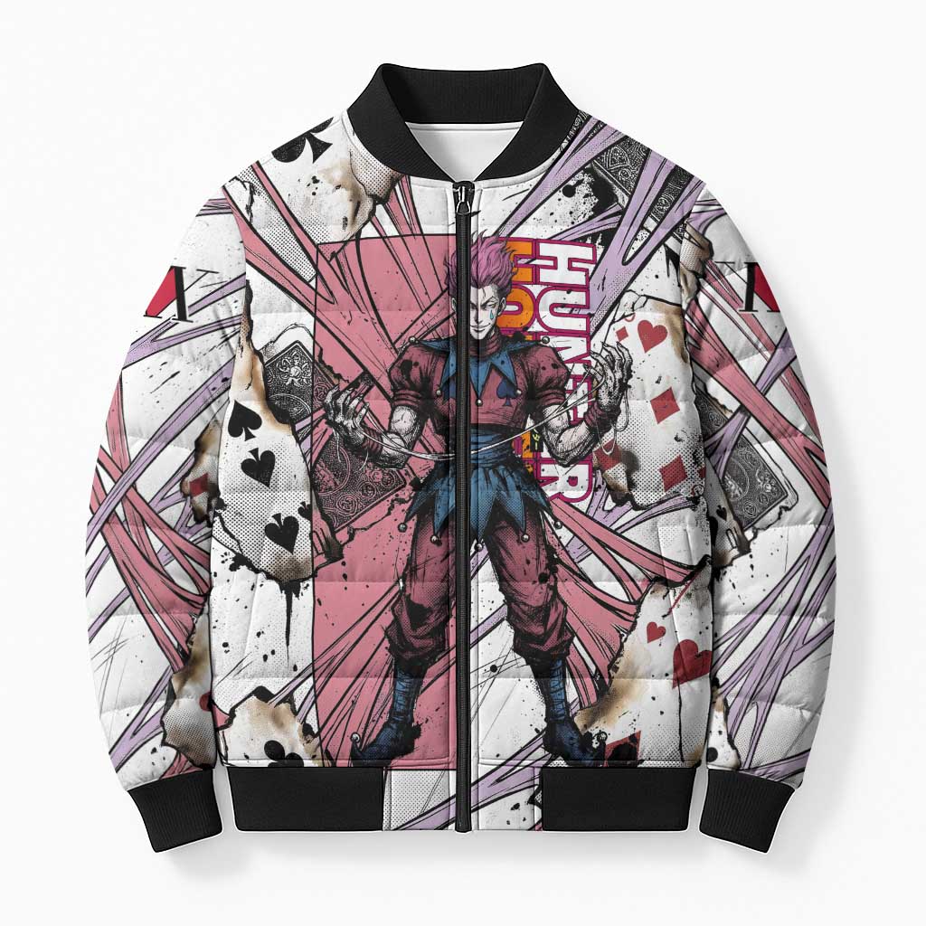 Hisoka Morow Playing Card Theme Bomber Puffer Jacket with Magic Aura and Artistic Anime Illustration - The Mazicc