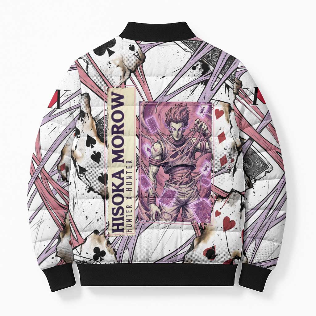 Hisoka Morow Playing Card Theme Bomber Puffer Jacket with Magic Aura and Artistic Anime Illustration - The Mazicc