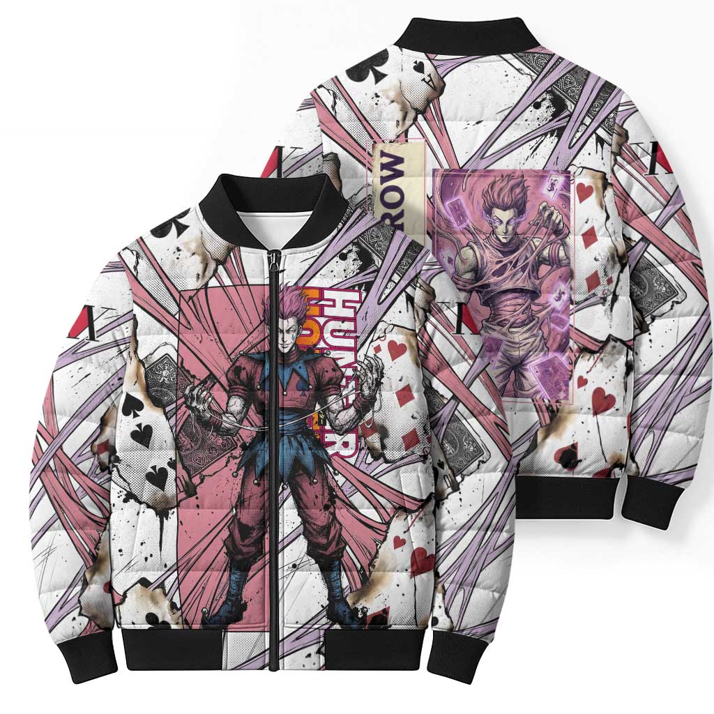 Hisoka Morow Playing Card Theme Bomber Puffer Jacket with Magic Aura and Artistic Anime Illustration - The Mazicc