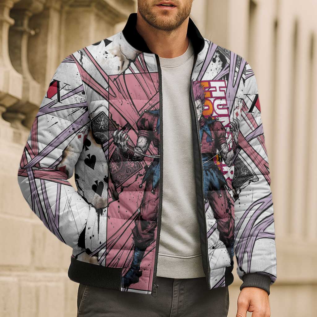 Hisoka Morow Playing Card Theme Bomber Puffer Jacket with Magic Aura and Artistic Anime Illustration - The Mazicc