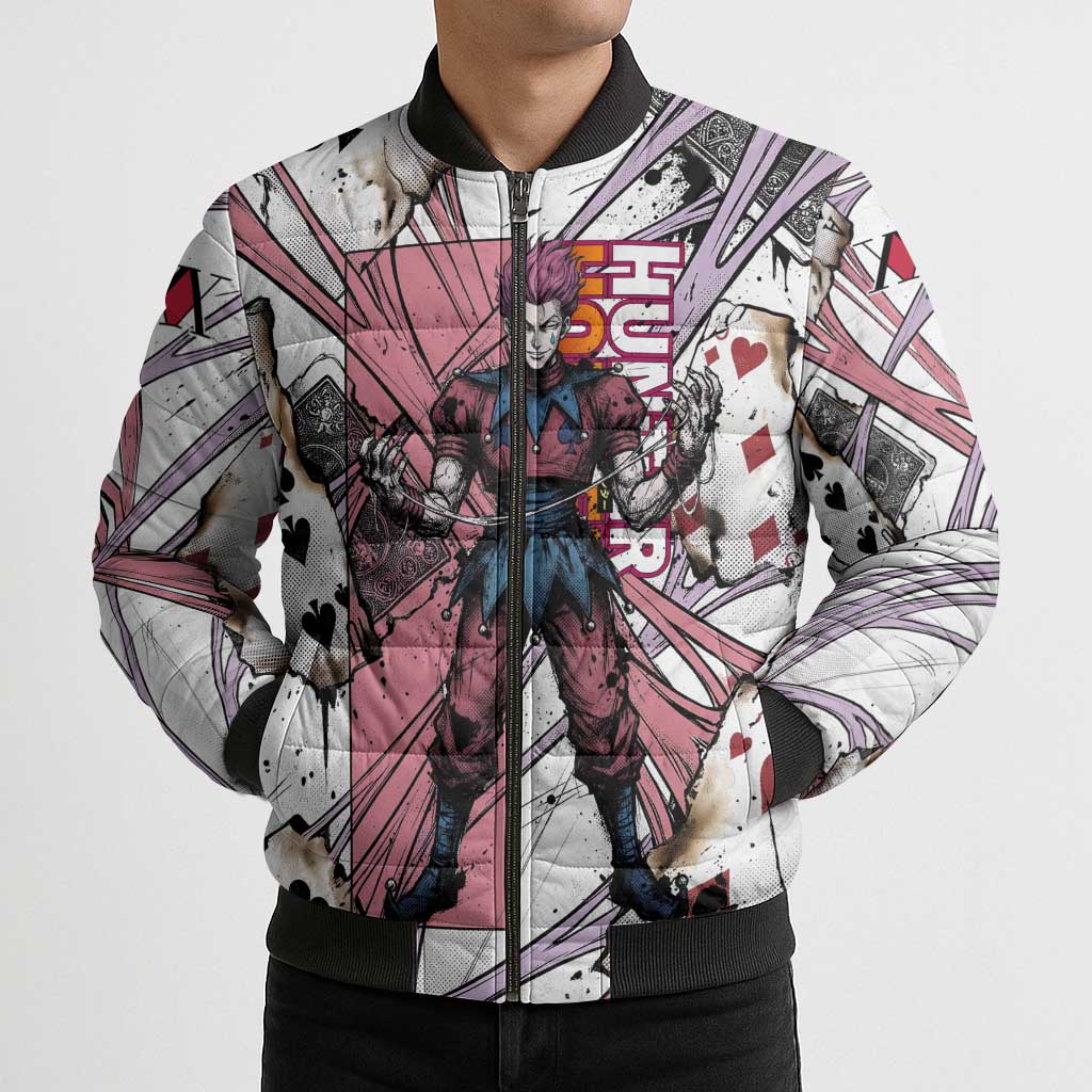 Hisoka Morow Playing Card Theme Bomber Puffer Jacket with Magic Aura and Artistic Anime Illustration - The Mazicc