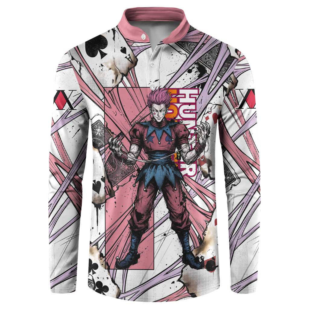 Hisoka Morow Playing Card Theme Button Sweatshirt with Magic Aura and Artistic Anime Illustration - The Mazicc