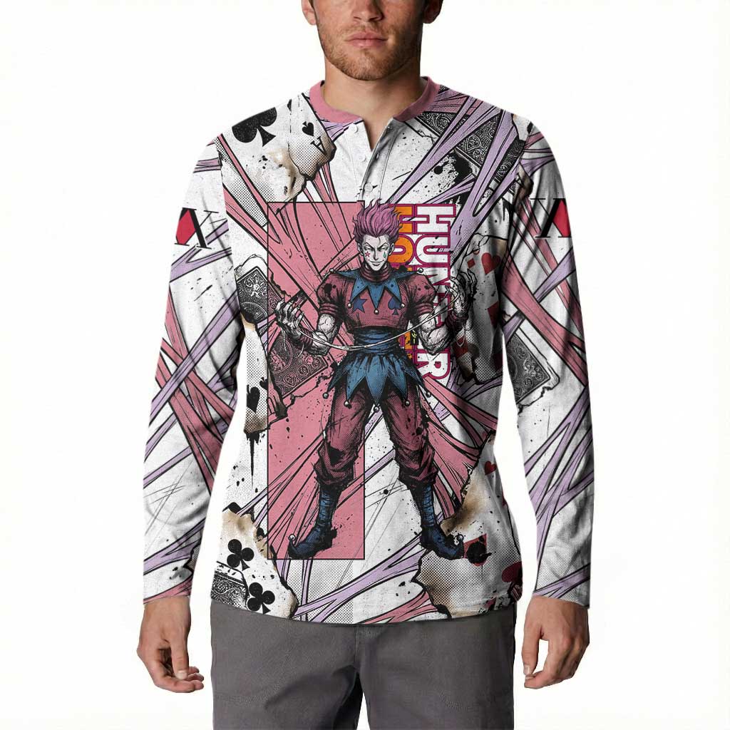 Hisoka Morow Playing Card Theme Button Sweatshirt with Magic Aura and Artistic Anime Illustration - The Mazicc