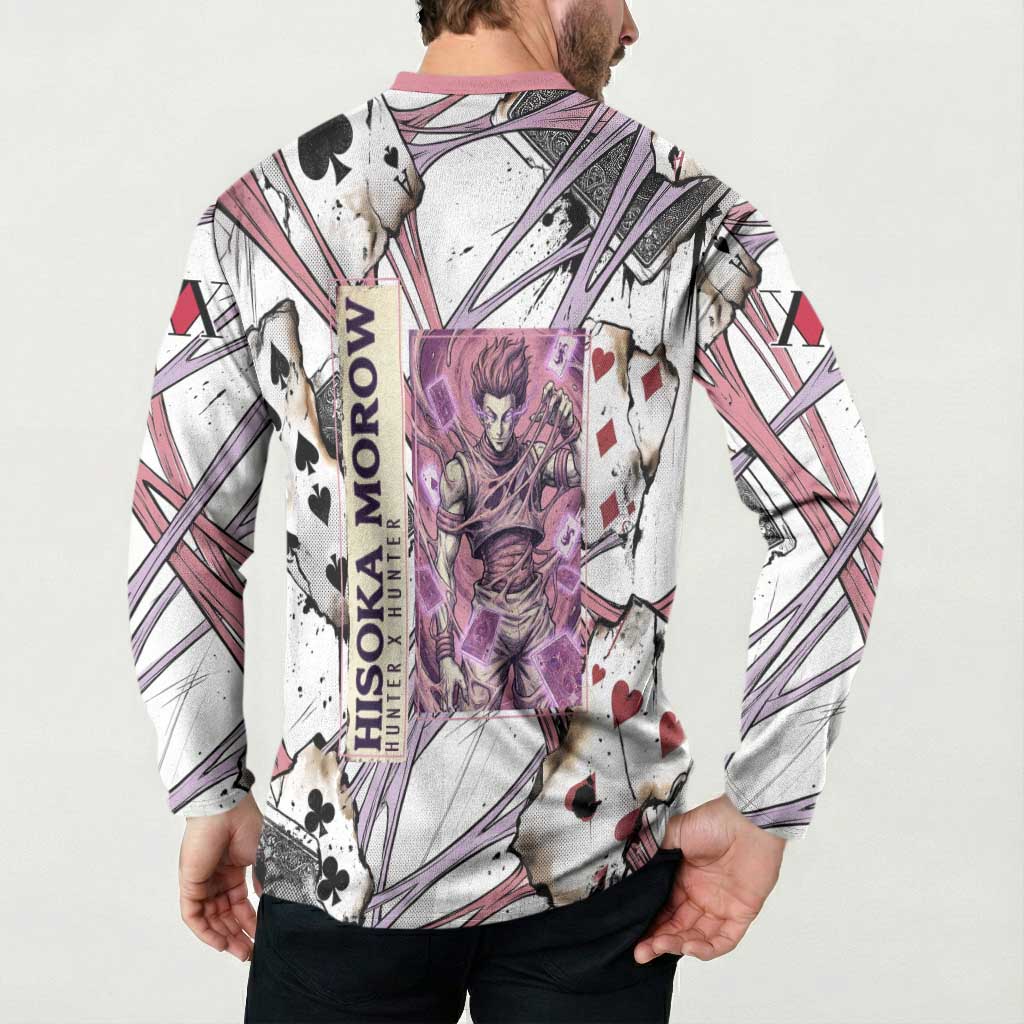 Hisoka Morow Playing Card Theme Button Sweatshirt with Magic Aura and Artistic Anime Illustration - The Mazicc