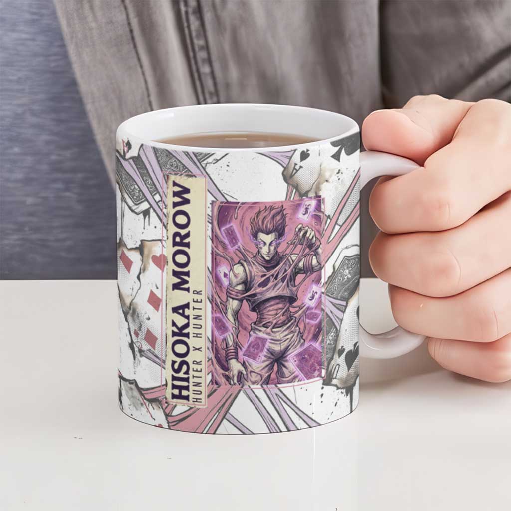 Hisoka Morow Playing Card Theme Ceramic Mug with Magic Aura and Artistic Anime Illustration - The Mazicc