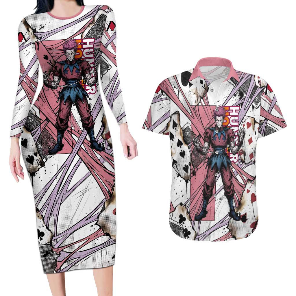 Hisoka Morow Playing Card Theme Couples Matching Long Sleeve Bodycon Dress and Hawaiian Shirt with Magic Aura and Artistic Anime Illustration - The Mazicc