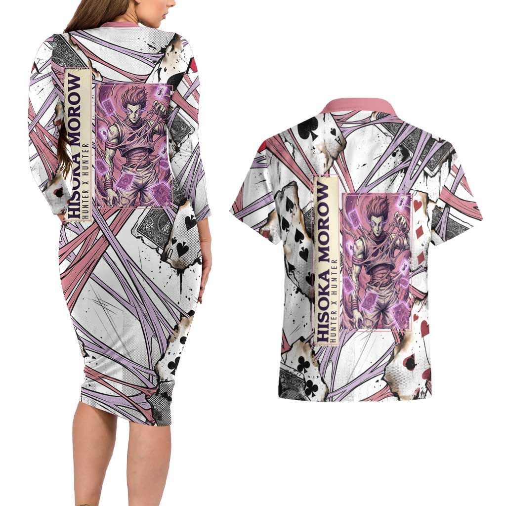 Hisoka Morow Playing Card Theme Couples Matching Long Sleeve Bodycon Dress and Hawaiian Shirt with Magic Aura and Artistic Anime Illustration - The Mazicc