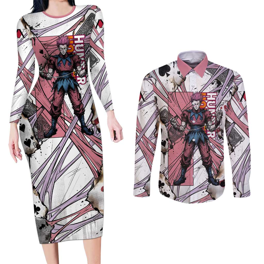 Hisoka Morow Playing Card Theme Couples Matching Long Sleeve Bodycon Dress and Long Sleeve Button Shirt with Magic Aura and Artistic Anime Illustration - The Mazicc